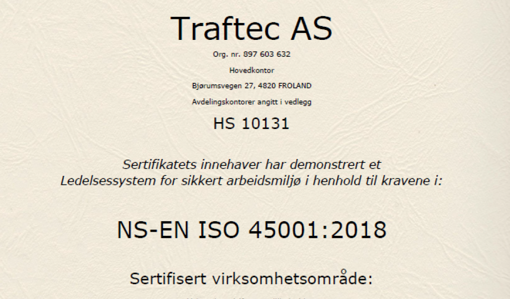 Otera Traftec ISO 45001 sertifikat