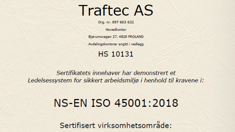 Otera Traftec ISO 45001 sertifikat